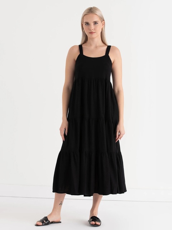 Eileen Fisher Dresses & Skirts - Eileen Fisher 100% Silk Black Habutai Dress Maxi Tiered Peasant summer size 2X